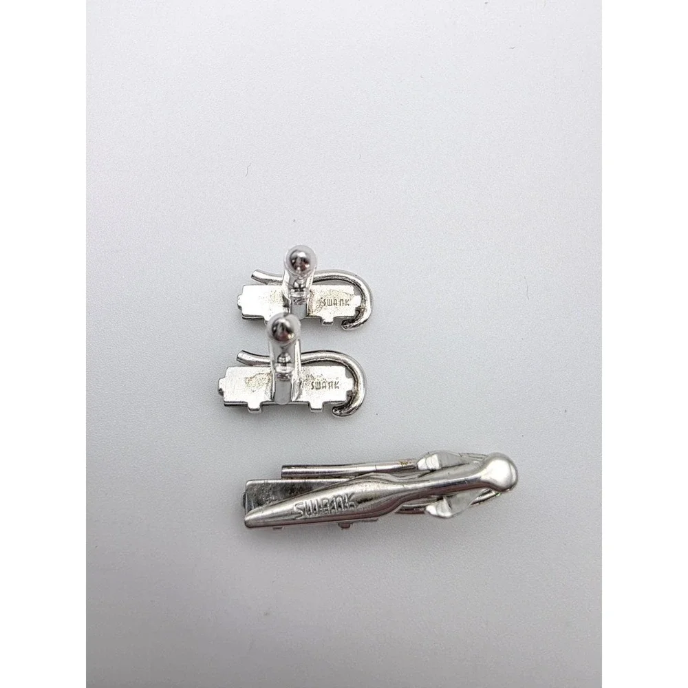76 Yr Old Vtg SWANK Cufflinks‎ & Tie Clip Bar Set Silver Tone & Onyx FREE SHIP!!